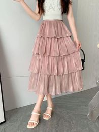 Skirts Summer Midi Long Skirt Women Elegant Korean Fashion High Waist Chiffon Casual ALL-Match Solid Colour A-LINE Organza Cake