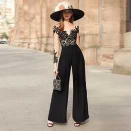 Black Jumpsuit Prom Dresses 2020 Boat Neck Long Sleeve Lace Appliques Ankle Length Evening Party Pants Dress