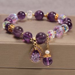 Bangle Natural Amethyst Bracelet Women's Zirconia Love Pendant Beads Vintage Strand Bracelets Sister Student Festival Jewellery Gift 230726