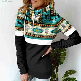 Hoodies Sweatshirts Women's Geometric Pattern Warm Scarf Neck Hoodie Pullover Vintage Western Ethnic Style Aztec Print Drawstring Hooded Sweatshirt T230727