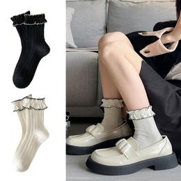 Women Socks Girls Cotton Lace Ruffle Turn-Cuffs Ankle Vintage Black White Frilly Princess Student Ribbed Knit