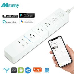 Smart Power Plugs WiFi Smart Tuya Power Strip USB Surge Protector 4 US Outlet Plug Socket 1.8m Extension Cord Remote Control by Alexa Home HKD230727