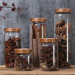 Wood Lid Glass Airtight Canister Kitchen Storage Bottles Jars Container Grains Coffee Beans Grains Candy Jar Containers2720