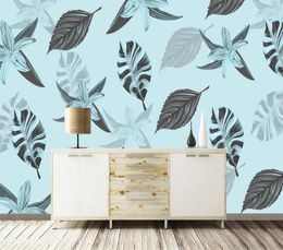 Wallpapers Custom Wallpaper Simple Blue Tropical Plant Leaf Abstract Background Wall