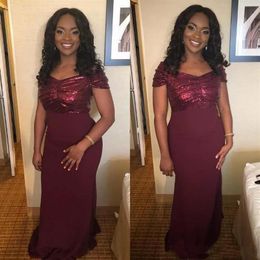 Cheap Burgundy Sequined Bridesmaid Dresses Mermaid Black Girls Mother Dresses Off Shoulder Ruched Sweep Train Mother Of The Bride 265E