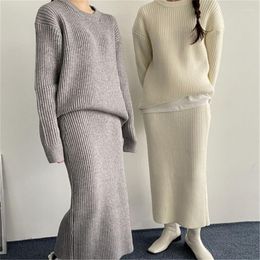 Women's Tracksuits Apricot Chic Soft Knitted 2 Piece Sets Women Winter 2023 Thicken O-neck Sweater Elastic Waist Skirts Ladies Korean Autumn