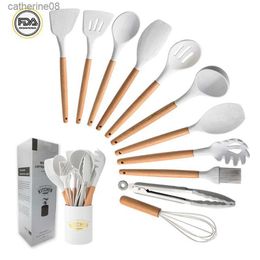 10/12PCS White Premium Silicone Utensils Set Non-Stick Spatula Shovel Wooden Handle Cookware With Storage Box Kitchen Tools L230621