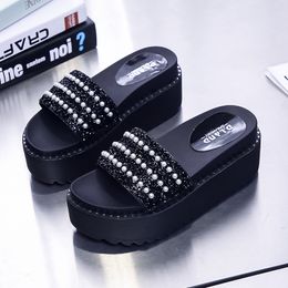 Slippers Women's Thick Sole Slippers Summer Ladies Rubber Beaded Slippers Glitter High Heels Shoes for Women 230726