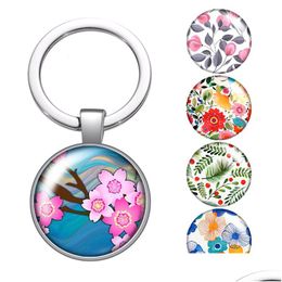 Keychains Lanyards Flowers Sakura Daisy Beauty Patterns Glass Cabochon Keychain Bag Car Key Rings Holder Charms Sier Plated Chains W Dhuud