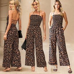 Großhandel Mode Frauen Kleidung Leopardenmuster Neckholder rückenfrei weites Bein Frauen Overall