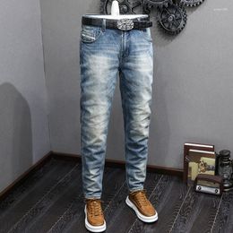 Men's Jeans Italian Style Fashion Men High Quality Retro Light Blue Stretch Slim Fit Ripped Vintage Designer Pants Hombre