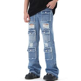 Men's Jeans Harajuku Multi-pockets Hole Ripped Baggy Jeans for Men Y2K Straight Distressed Casual Streetwear Cargos Unisex Denim Trousers 230726