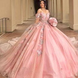 Pink Sweetheart Corset Ball Gown Quinceanera Dresses Long Sleeved Beaded 3D Flowers Formal Prom Graduation Gowns Princess Sweet 15 16 0417