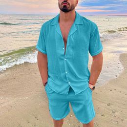 Men's Tracksuits Summer 2 Pieces Beach Short Sleeve Linen Shirts Shorts Pants Sets With Pockets Beach Casual Shorts Suit Daily Tops Male Outfits 230726