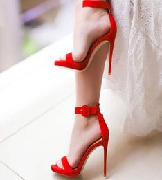 Dress Shoes Red Suede Buckle Strap Sandals Cut-outs Stiletto Heel Platform Open Toe Summer Wedding Bride