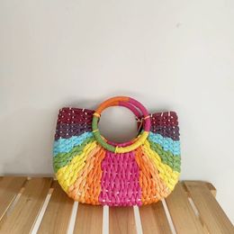 Evening Bags Bohemia Colourful Contrasting Colors Women Hand-Woven Straw Bag Round Handle Half- Moon Shape Ladies Handbag Summer Beach 230726