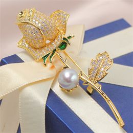 Pins Brooches DIY Accessories Copper Plated Gold Inlaid with Zircon Rose Pearl Brooch Empty Tray Temperament Trendy Women 230727