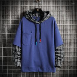 Men's Hoodies Plaid Patchwork Hoodie Men 2023 Harajuku High Street Oversized Hooded Sweatshirts Streetwear Clothing