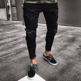 Mens Straight Slim Fit Biker Jeans Pants Distressed Skinny Ripped Destroyed Denim Jeans Washed Hiphop Trousers Black262q