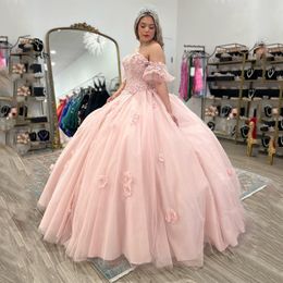 Pink Sexy Off-Shoulder Ball Gown Princess 15 Year Old Quinceanera Dress 2024 Lace 3DFlower Glitter Tulle Birthday Party Gowns