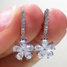 Dangle Earrings Crystal Flower Hoop With Pendant Luxury White Gold Colour Shiny Zircon Ear Rings For Women Korean Jewellery KBE371