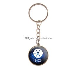 Keychains Lanyards Fashion Exo Kpop Keychain Hip Hop Style Korean Singing Team Superstar Glass Dome Pendant Key Ring Fans Gift Llave Dhcow