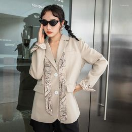 Women's Suits Spring Autumn 2023 Vintage Print Scarf Lace Up Loose Big Pocket Casual Blazer Single-breasted Long Sleeve Women Short Suit