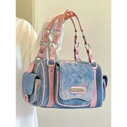 Evening Bags Women Blue Pink Top-handle Bag Large Capacity Girls Y2k Denim Boston Bag Designer Crossbody Handbag Multi-pocket Tie-dyed Bags 230727