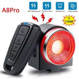 Bike Lights Bicycle Rear Lamp Braking Light Burglary Alarm Remote Call Wireless Control USB Charge LED Lantern Finder Horn A8Pro 230726