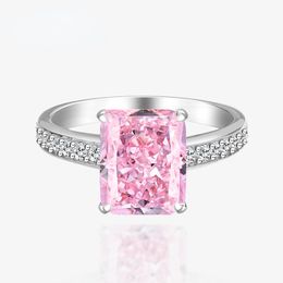 Ice Flower Cut Sugar 8 * 10 Pink Square Ring High Carbon Diamond Hot Selling Sier Jewelry