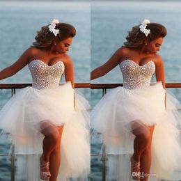 2020 Charming High Low Prom Dresses Elegant Sexy Sweetheart Pearls Tulle Formal Beach Party Gown Women Dress Cheap304C