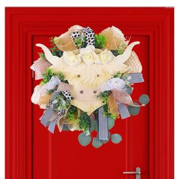 Decorative Flowers Highland Cow Wreath Cattle Wreaths For Front Door Artificial Garland Farmhouse Wall Decor Window Porch Patio