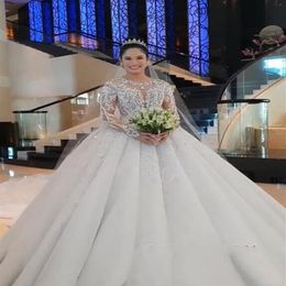 Mangas compridas 2019 Vestidos de Noiva de Cristal Apliques Vestidos de Noiva Princesa Tamanho Grande Vestidos de Noiva Árabe336r