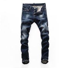dsq brand European Style mens slim elastic jeans Men straight denim trousers zipper Patchwork Slim blue hole for men 8150 210723211q