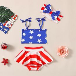 Clothing Sets Born Baby Girls 4th Of July Letters Sleeveless Independence Day Tops Shorts Hairband 3pcs Clothes