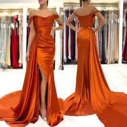 Off Shoulder Split Side High Sexy Orange Prom Dresses 2022 Cap Sleeve Plus Size Couple Evening Gowns BC11177 0615251S