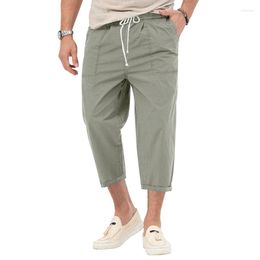 Men's Pants 2023 Spring/Summer Fashion Solid Colour Basic Straight Tube Casual Pull Cord Crop