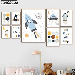 Nursery Cartoon Canvas Painting Planets Rocket Spaceship Number Letter Wall Art Print Kids Poster Nordic Wall Pictures Boy Room Decor w06