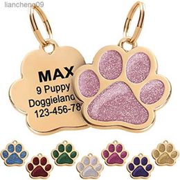 Custom Gold Pet ID Tags Sparkly Paw Shape Personalised Shiny Dog Glitter Silent Cute Doggy for Puppies Laser Engraved Name L230620