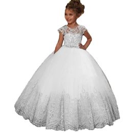 2020 Holy Lace Tulle Princess Flower Girl Dresses Floor Length Capped Sleeve Pageant Ball Gowns Birthday Party Dresses275s