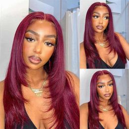 Synthetic Wigs Burgundy Lace Wigs for Women Synthetic Layered Straight Cut Glueless t Part 99j Coloured Hair Cosplay 230227