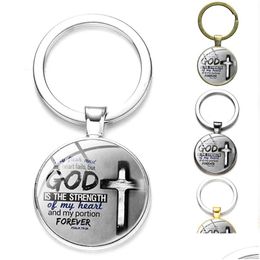 Keychains Lanyards God Is The Strength Of My Heart Bible Verse Psalm Circle Key Chain Christian Cross Keyfobs Glass Dome Pendants So Dhjzt