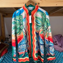 Mens Casual Shirts Real Pos Casablanca Coconut Tree Colorful Oil Painting Print Long Sleeve Tops Casa Hawaiian Shirt for Men Women 230726