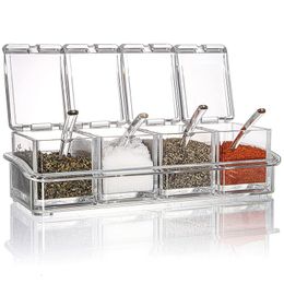 Bottles Jars 4 Pieces Kitchen Clear Seasoning Box Storage Container Condiment Acrylic with Cover and Spoon 230627