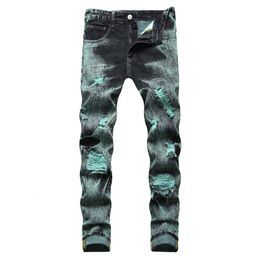 Men's Jeans Men's Y2K Tie and Dye Denim Jeans Streetwear Holes Ripped Straight Pants Black Green Trousers 230726