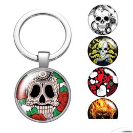 Keychains Lanyards Punk Skl Rose Fashion Glass Cabochon Keychain Bag Car Key Chain Ring Holder Sier Plated For Men Women Gifts Drop Dhxti