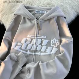 Women's Hoodies Sweatshirts Women Y2k Letter Print Hoodies Harajuku Hip Hop Zipper Loose Hooded Sweatshirts Couple Casual Retro Long Sleeve Fleece Jackets T230727