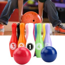 Balls 12pcsset Wooden Colour Bowling Set 10 Pins 2 Ball Game for Kids Indoor Family Sports Educational Toy 230726