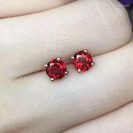 Stud Earrings Natural Red Garnet Gem Gemstone Elegant Small Compact Round S925 Silver Women Office Gift Jewelry
