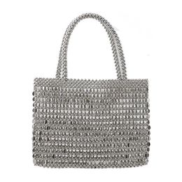 Vintage Handmade Ladies Handbag Weave Beaded Fashion Silver Colour Shining Sequin Shoulder Bag Clutches Womens Party Handbag 2022